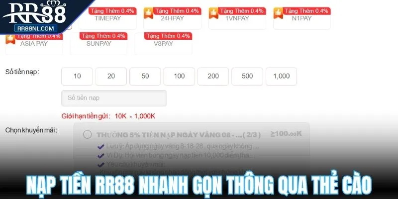 Nạp tiền RR88 nhanh gọn thông qua thẻ cào