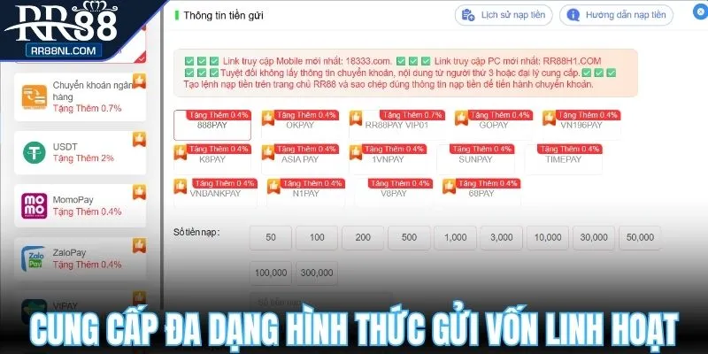 Nhà cái cung cấp đa dạng hình thức gửi vốn linh hoạt